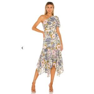 ASTR The Label Santorini One Shoulder Floral Midi Dress Asymmetrical Ruffle Hem